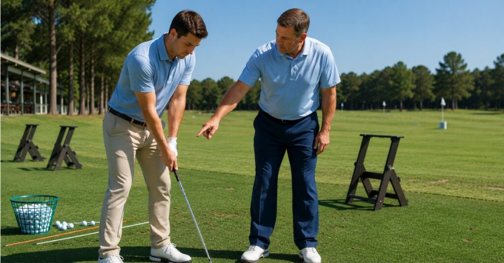 Golf lesson in bright daylight