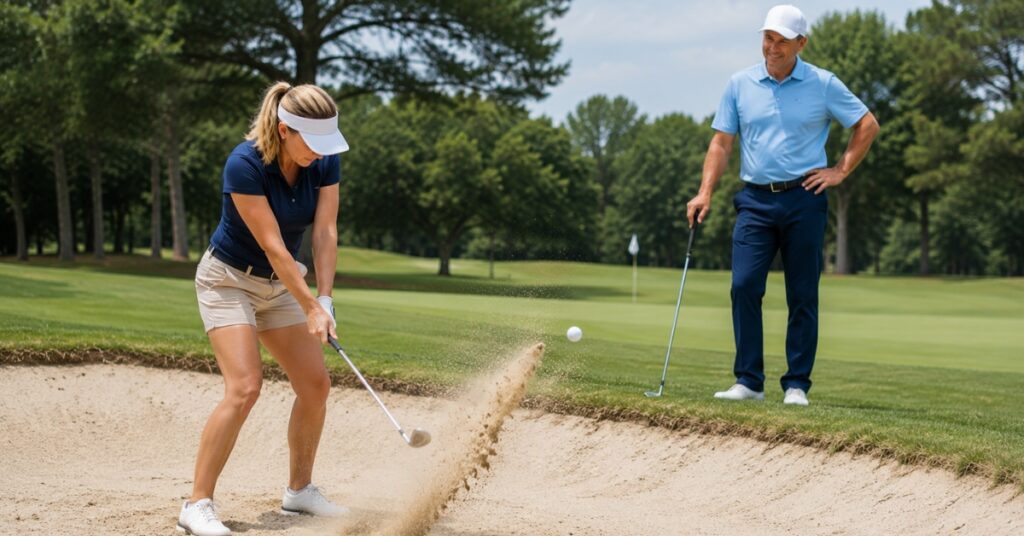 Golfer practices bunker shot with coach